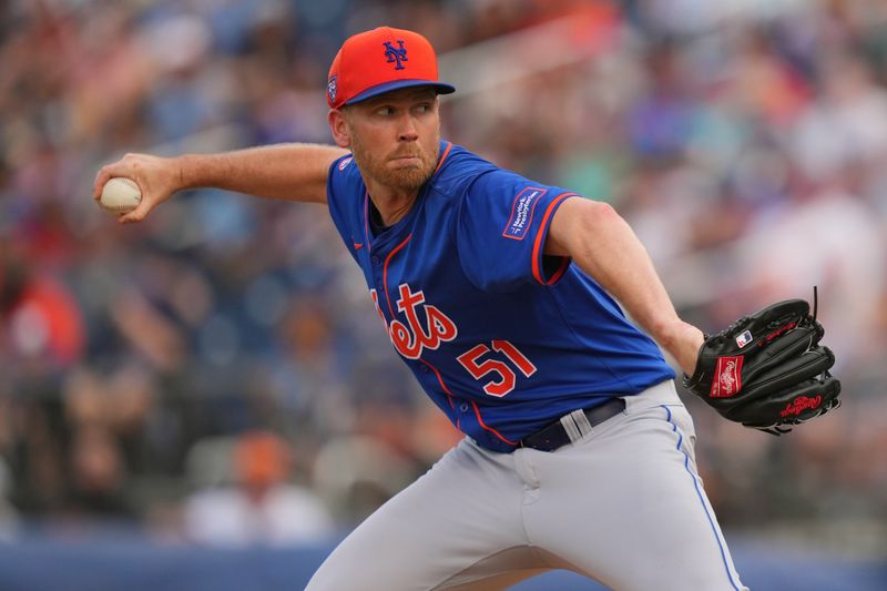 Mar 16, 2024; West Palm Beach, Florida, USA;  New York Mets starting pitcher Michael Tonkin (51) pitches in the first inning against the Houston Astros at CACTI Park of the Palm Beaches. Mandatory Credit: Jim Rassol-USA TODAY Sports