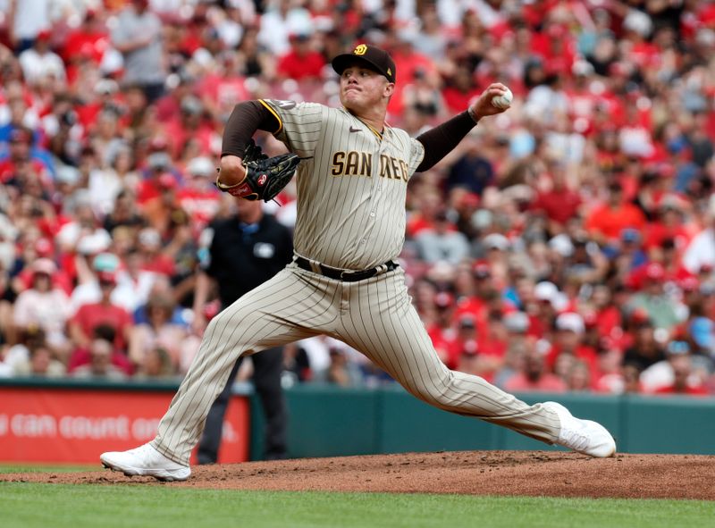 Jul 2, 2023; Cincinnati, Ohio, USA; San Diego Padres starting pitcher Adrian Morejon (50) throws against the Cincinnati Reds during the first inning at Great American Ball Park. Mandatory Credit: David Kohl-USA TODAY Sports