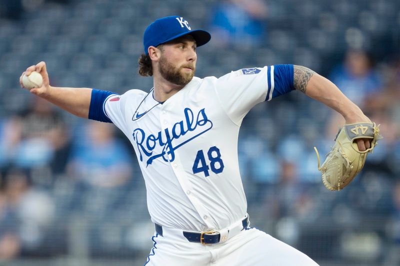 Apr 24, 2024; Kansas City, Missouri, USA; Kansas City Royals pitcher Alec Marsh (48) pitches during the first inning against the Toronto Blue Jays at Kauffman Stadium. Mandatory Credit: Jay Biggerstaff-USA TODAY Sports