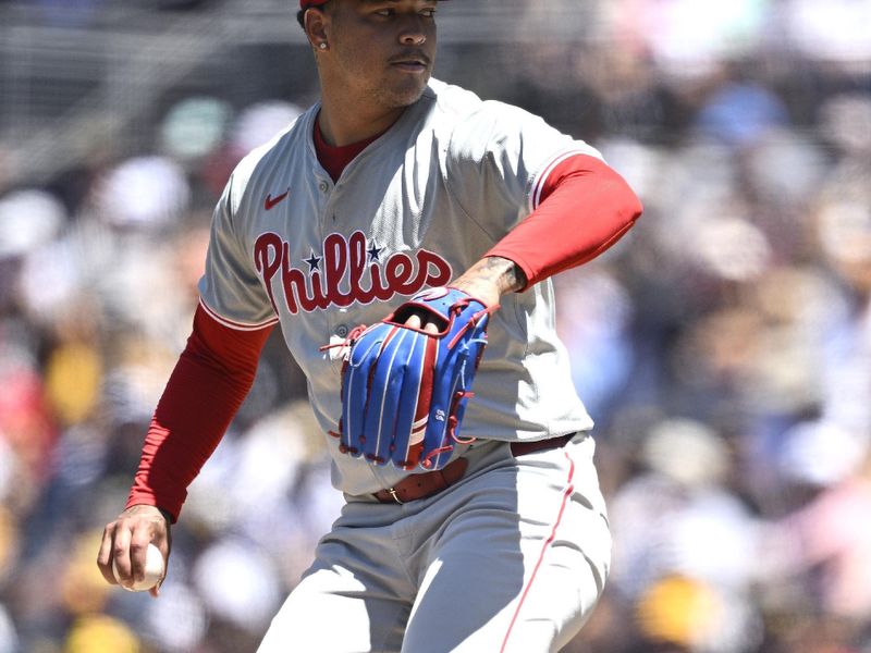 Apr 28, 2024; San Diego, California, USA; Philadelphia Phillies starting pitcher Taijuan Walker (99) throws a pitch against the San Diego Padres during the first inning at Petco Park. Mandatory Credit: Orlando Ramirez-USA TODAY Sports