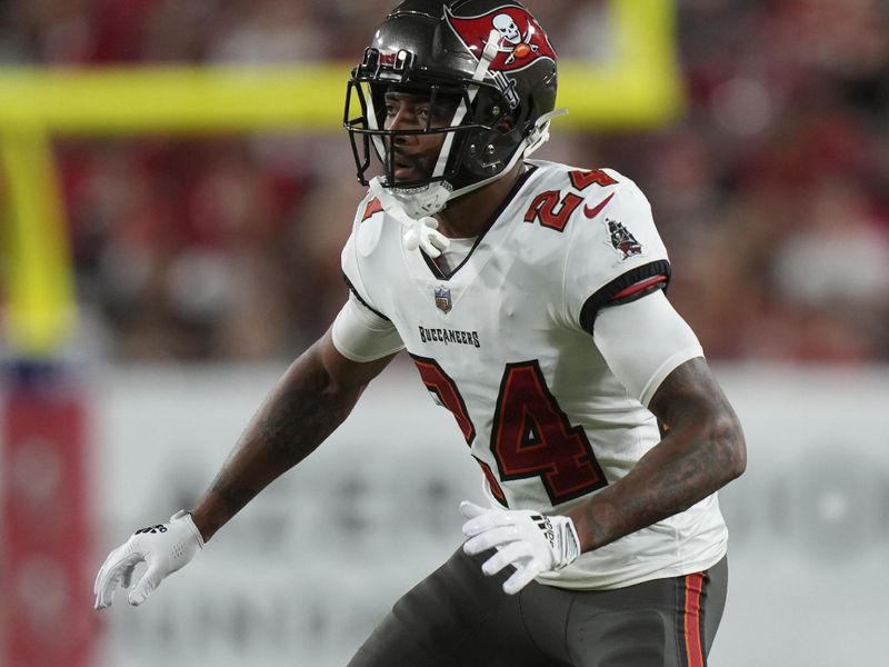 Tampa Bay Buccaneers cornerback Carlton Davis III (24) defends during an NFL football game against the Kansas City Chiefs, Sunday, October 2, 2022 in Tampa, FL. The Chiefs defeat the Buccaneers 41-31. (Peter Joneleit via AP)