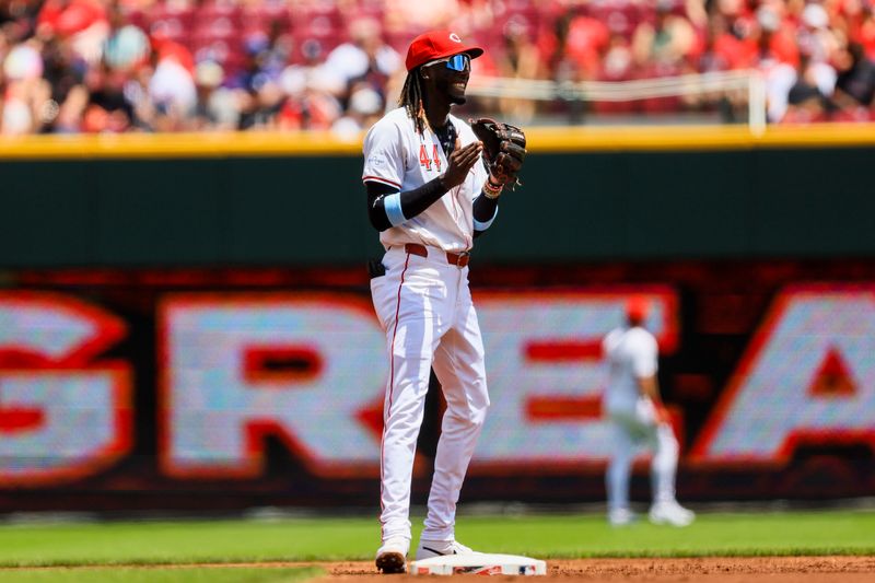 Jul 7, 2024; Cincinnati, Ohio, USA; Cincinnati Reds shortstop Elly De La Cruz (44) reacts after a play by first baseman Jeimer Candelario (not pictured) in the second inning against the Detroit Tigers at Great American Ball Park. Mandatory Credit: Katie Stratman-USA TODAY Sports