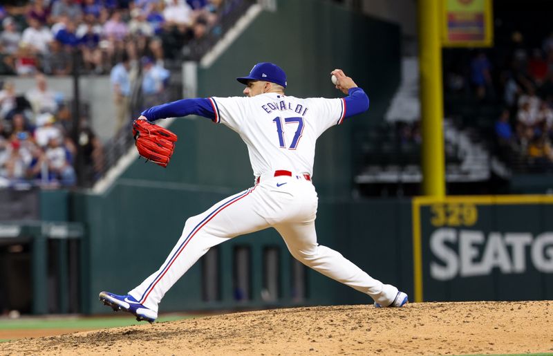 Jul 2, 2024; Arlington, Texas, USA;  Texas Rangers starting pitcher Nathan Eovaldi (17) throws during the seventh inning against the San Diego Padres at Globe Life Field. Mandatory Credit: Kevin Jairaj-USA TODAY Sports