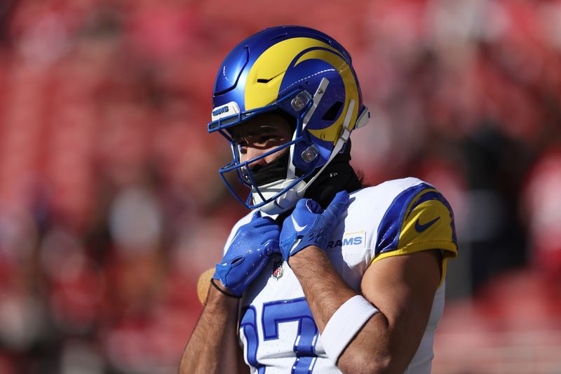 Los Angeles Rams wide receiver Puka Nacua warms up before an NFL football game against the San Francisco 49ers in Santa Clara, Calif., Sunday, Jan. 7, 2024. (AP Photo/Jed Jacobsohn)