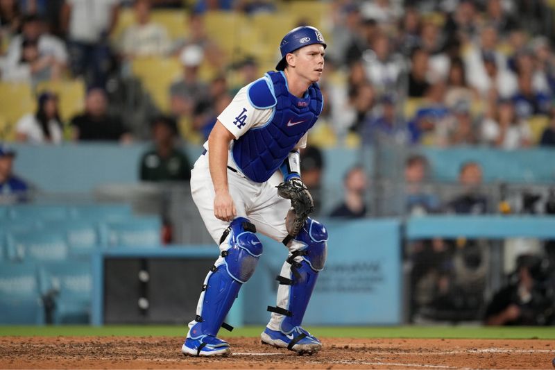 Aug 21, 2024; Los Angeles, California, USA; Los Angeles Dodgers catcher Will Smith (16) during the game against the Seattle Mariners at Dodger Stadium. Mandatory Credit: Kirby Lee-USA TODAY Sports