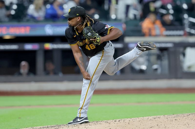 Apr 16, 2024; New York City, New York, USA; Pittsburgh Pirates pitcher Luis L. Ortiz (48) follows through on a pitch against the New York Mets during the sixth inning at Citi Field. Mandatory Credit: Brad Penner-USA TODAY Sports