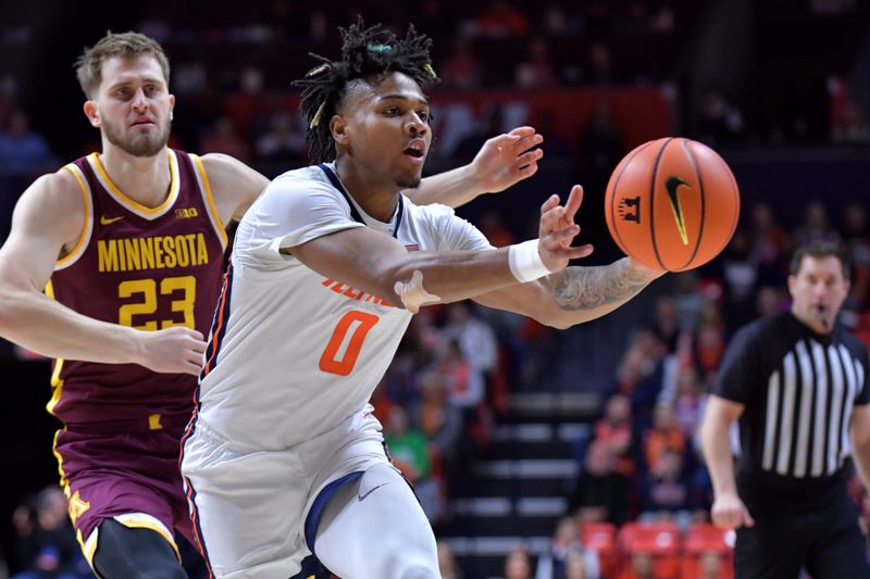 Feb 28, 2024; Champaign, Illinois, USA; Illinois Fighting Illini forward Ty Rodgers (20) passes the ball during the first half against the Minnesota Golden gophers at State Farm Center. Mandatory Credit: Ron Johnson-USA TODAY Sports