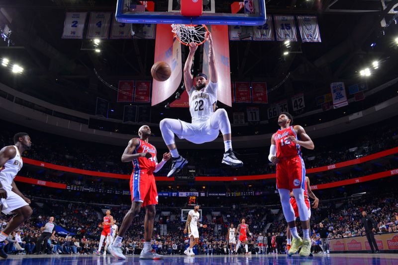 PHILADELPHIA, PA - MARCH 8: Larry Nance Jr. #22 of the New Orleans Pelicans dunks the ball during the game against the Philadelphia 76ers on March 8, 2024 at the Wells Fargo Center in Philadelphia, Pennsylvania NOTE TO USER: User expressly acknowledges and agrees that, by downloading and/or using this Photograph, user is consenting to the terms and conditions of the Getty Images License Agreement. Mandatory Copyright Notice: Copyright 2024 NBAE (Photo by Jesse D. Garrabrant/NBAE via Getty Images)