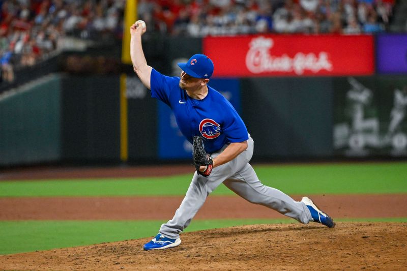 Jul 29, 2023; St. Louis, Missouri, USA;  Chicago Cubs relief pitcher Mark Leiter Jr. (38) pitches against the St. Louis Cardinals during the eighth inning at Busch Stadium. Mandatory Credit: Jeff Curry-USA TODAY Sports