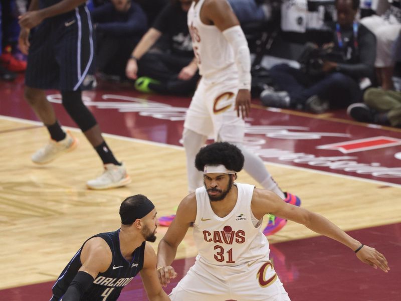 CLEVELAND, OH - APRIL 22: Jarrett Allen #31 of the Cleveland Cavaliers plays defense during the game against the Orlando Magic during Round 1 Game 2 of the 2024 NBA Playoffs on April 22, 2024 at Rocket Mortgage FieldHouse in Cleveland, Ohio. NOTE TO USER: User expressly acknowledges and agrees that, by downloading and/or using this Photograph, user is consenting to the terms and conditions of the Getty Images License Agreement. Mandatory Copyright Notice: Copyright 2024 NBAE (Photo by Lauren Leigh Bacho/NBAE via Getty Images)