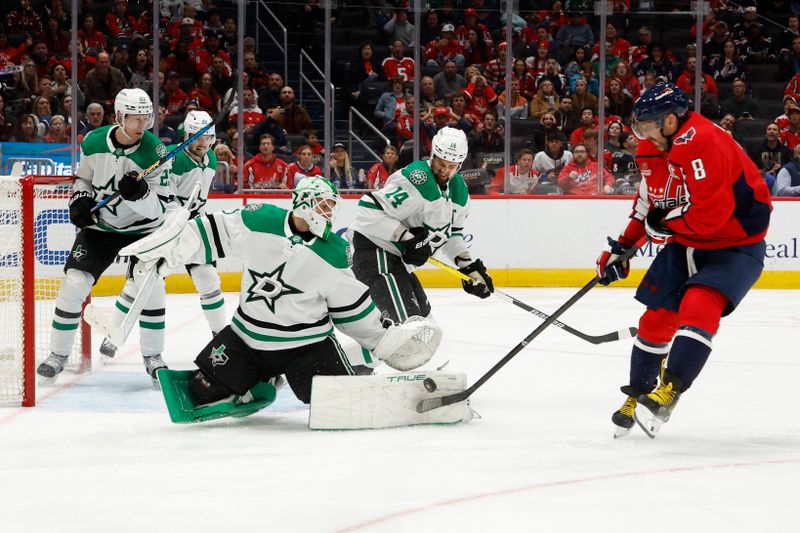 Oct 17, 2024; Washington, District of Columbia, USA; Dallas Stars goaltender Casey DeSmith (1) makes a save on Washington Capitals left wing Alex Ovechkin (8) in the third period at Capital One Arena. Mandatory Credit: Geoff Burke-Imagn Images