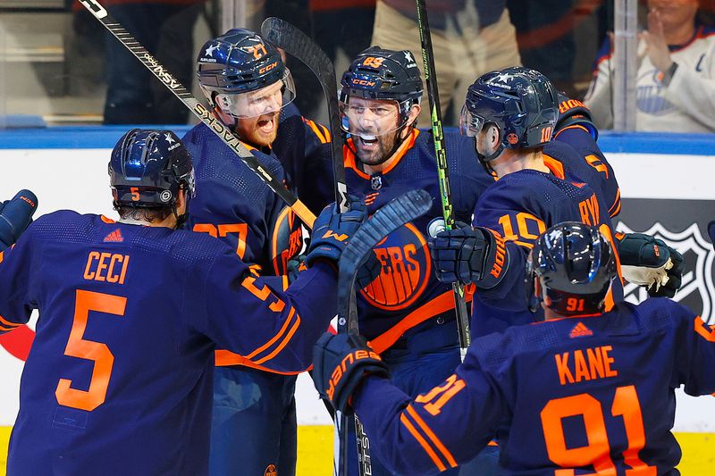 Nov 2, 2023; Edmonton, Alberta, CAN; Edmonton Oilers forward Sam Gagner (89) celebrates a goal with teammates during the third period against the Dallas Stars at Rogers Place. Mandatory Credit: Perry Nelson-USA TODAY Sports