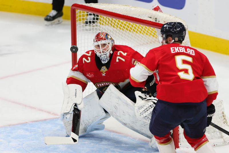 Feb 27, 2024; Sunrise, Florida, USA; Florida Panthers goaltender Sergei Bobrovsky (72) watches the puck against the Buffalo Sabres during the first period at Amerant Bank Arena. Mandatory Credit: Sam Navarro-USA TODAY Sports