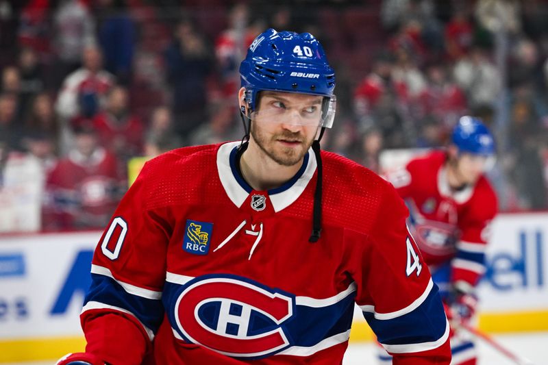 Oct 28, 2023; Montreal, Quebec, CAN; Montreal Canadiens right wing Joel Armia (40) looks on at his first game back after being called back from the AHL during warm-up before the game against the Winnipeg Jets at Bell Centre. Mandatory Credit: David Kirouac-USA TODAY Sports