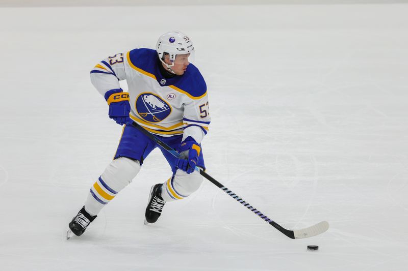 Feb 27, 2024; Sunrise, Florida, USA; Buffalo Sabres left wing Jeff Skinner (53) moves the puck against the Florida Panthers during the first period at Amerant Bank Arena. Mandatory Credit: Sam Navarro-USA TODAY Sports