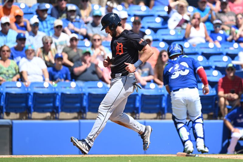 Mar 15, 2024; Dunedin, Florida, USA; Detroit Tigers centerfielder Matt Vierling (8) scores a run in the first inning of a spring training game against the Toronto Blue Jays  at TD Ballpark. Mandatory Credit: Jonathan Dyer-USA TODAY Sports