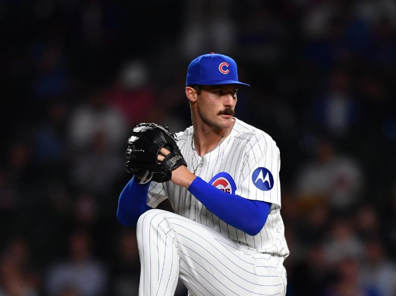 Aug 21, 2024; Chicago, Illinois, USA; Chicago Cubs relief pitcher Jack Neely (47) pitches in his MLB debut during the ninth inning against the Detroit Tigers at Wrigley Field. Mandatory Credit: Patrick Gorski-USA TODAY Sports