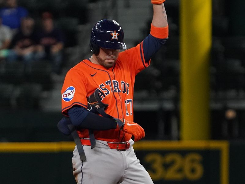 May 15, 2025; Arlington, Texas, USA; Houston Astros catcher Victor Caratini (17) reacts after hitting a double during the second inning against the Texas Rangers at Globe Life Field. Mandatory Credit: Raymond Carlin III-Imagn Images