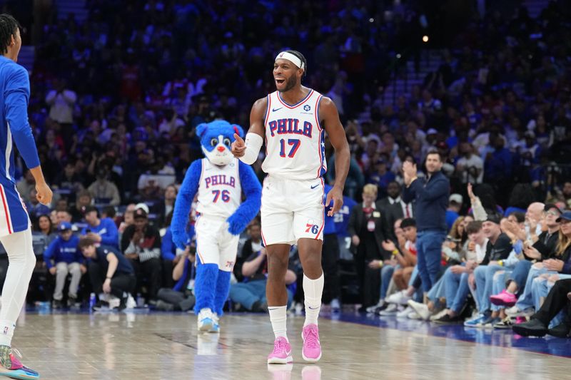 PHILADELPHIA, PA - APRIL 14: Buddy Heild #17 of the Philadelphia 76ers celebrates during the game against the Brooklyn Nets on April 14, 2024 at the Wells Fargo Center in Philadelphia, Pennsylvania NOTE TO USER: User expressly acknowledges and agrees that, by downloading and/or using this Photograph, user is consenting to the terms and conditions of the Getty Images License Agreement. Mandatory Copyright Notice: Copyright 2024 NBAE (Photo by Jesse D. Garrabrant/NBAE via Getty Images)