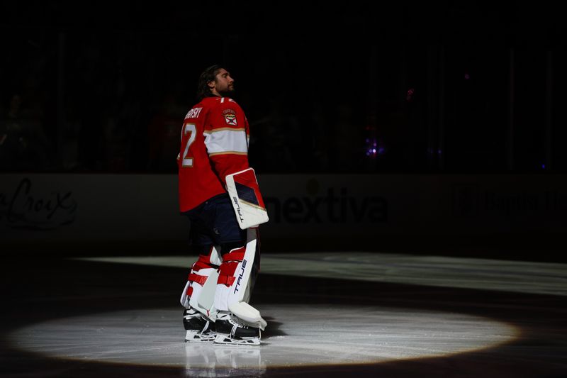Jun 8, 2024; Sunrise, Florida, USA;  Florida Panthers goaltender Sergei Bobrovsky (72) stands for the National anthem prior to the start of the during the first period against Edmonton Oilers in game one of the 2024 Stanley Cup Final at Amerant Bank Arena. Mandatory Credit: Sam Navarro-USA TODAY Sports