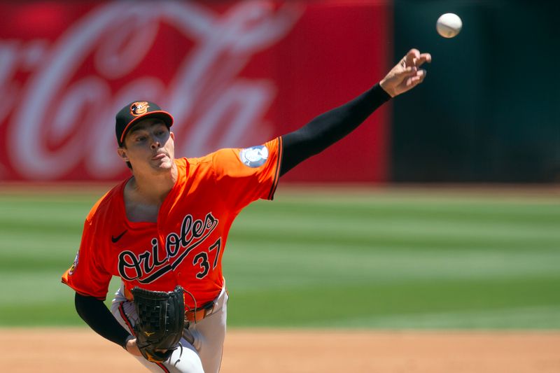 Jul 6, 2024; Oakland, California, USA; Baltimore Orioles starting pitcher Cade Povich (37) delivers a pitch against the Oakland Athletics during the first inning at Oakland-Alameda County Coliseum. Mandatory Credit: D. Ross Cameron-USA TODAY Sports