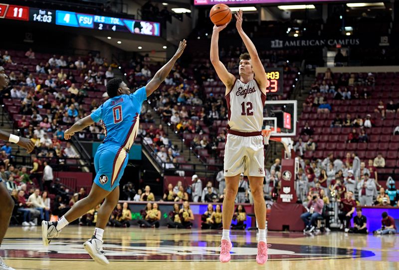 Feb 18, 2023; Tallahassee, Florida, USA; Boston College Eagles forward Quinten Post shoots a three point shot during the first half against the Florida State Seminoles at Donald L. Tucker Center. Mandatory Credit: Melina Myers-USA TODAY Sports