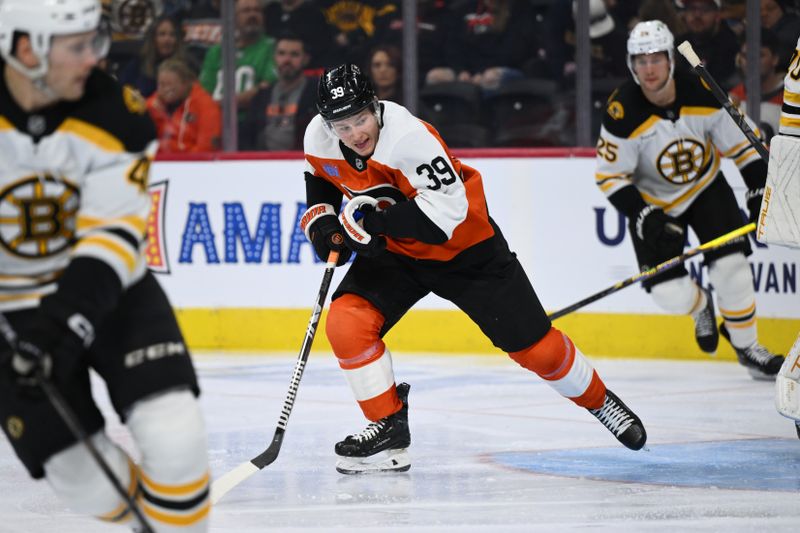 Nov 2, 2024; Philadelphia, Pennsylvania, USA; Philadelphia Flyers right wing Matvei Michkov (39) in action against the Boston Bruins in the second period at Wells Fargo Center. Mandatory Credit: Kyle Ross-Imagn Images