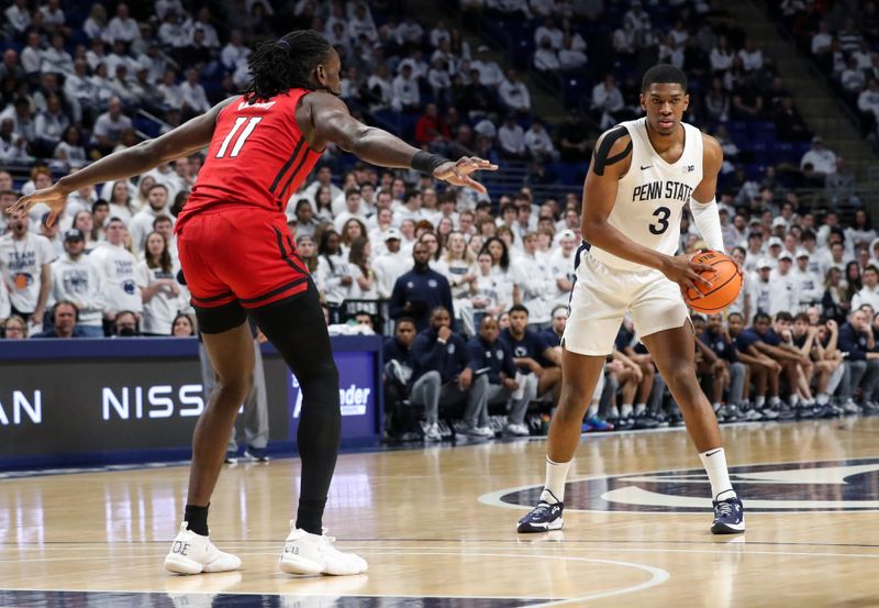 Feb 26, 2023; University Park, Pennsylvania, USA; Penn State Nittany Lions forward Kebba Njie (3) holds the ball as Rutgers Scarlet Knights center Clifford Omoruyi (11) defends during the first half at Bryce Jordan Center. Mandatory Credit: Matthew OHaren-USA TODAY Sports