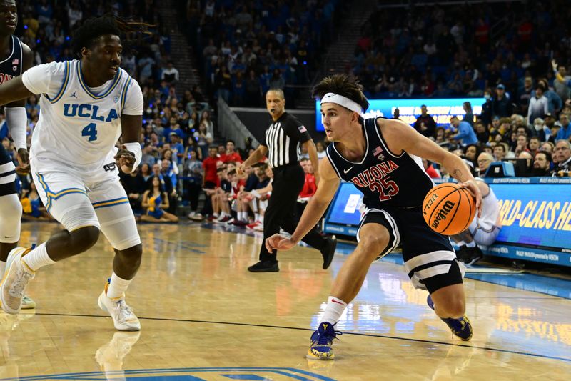 Mar 4, 2023; Los Angeles, California, USA;  Arizona Wildcats guard Kerr Kriisa (25) drives to the basket as UCLA Bruins guard Will McClendon (4) defends during the first half at Pauley Pavilion presented by Wescom. Mandatory Credit: Richard Mackson-USA TODAY Sports