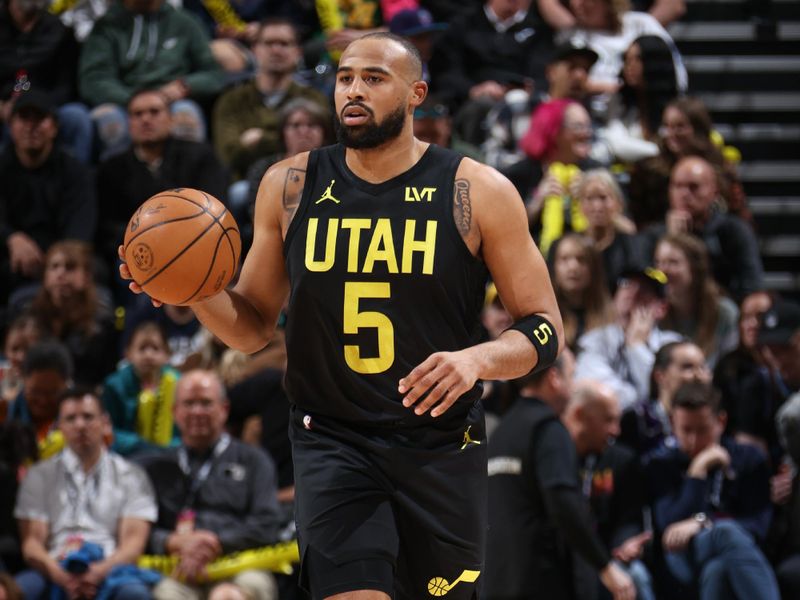 SALT LAKE CITY, UT - MARCH 15:  Talen Horton-Tucker #5 of the Utah Jazz handles the ball during the game  on March 15, 2024 at Delta Center in Salt Lake City, Utah. NOTE TO USER: User expressly acknowledges and agrees that, by downloading and or using this Photograph, User is consenting to the terms and conditions of the Getty Images License Agreement. Mandatory Copyright Notice: Copyright 2024 NBAE (Photo by Melissa Majchrzak/NBAE via Getty Images)