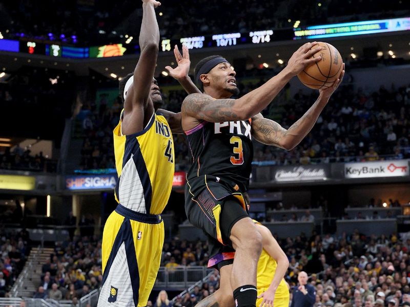 INDIANAPOLIS, INDIANA - JANUARY 26: Bradley Beal #3 of the Phoenix Suns shoots the ball while defended by Pascal Siakam #43 of the Indiana Pacers during the first half at Gainbridge Fieldhouse on January 26, 2024 in Indianapolis, Indiana.    NOTE TO USER: User expressly acknowledges and agrees that, by downloading and or using this photograph, User is consenting to the terms and conditions of the Getty Images License Agreement.  (Photo by Andy Lyons/Getty Images)