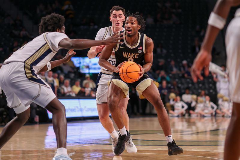Feb 11, 2026; Atlanta, Georgia, USA; Wake Forest Demon Deacons guard Mekhi Mason (8) handles the ball against the Georgia Tech Yellow Jackets in the first quarter at McCamish Pavilion. Mandatory Credit: Brett Davis-Imagn Images