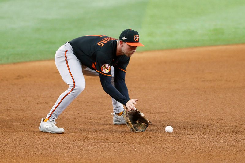 Oct 10, 2023; Arlington, Texas, USA; Baltimore Orioles second baseman Jordan Westburg (11) fields a ground ball in the fourth inning against the Texas Rangers during game three of the ALDS for the 2023 MLB playoffs at Globe Life Field. Mandatory Credit: Andrew Dieb-USA TODAY Sports