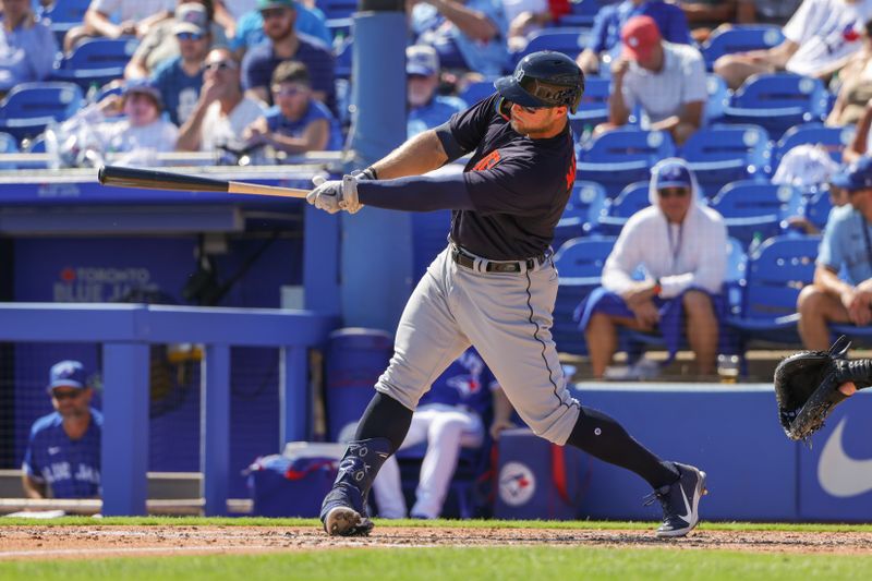 Feb 28, 2023; Dunedin, Florida, USA; Detroit Tigers right fielder Austin Meadows (17) at bat during the forth inning against the Toronto Blue Jays at TD Ballpark. Mandatory Credit: Mike Watters-USA TODAY Sports