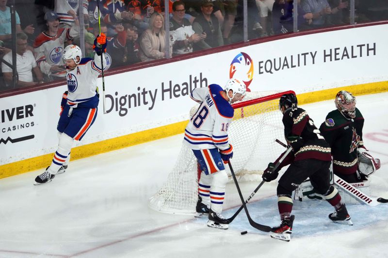 Feb 19, 2024; Tempe, Arizona, USA; Edmonton Oilers center Leon Draisaitl (29) celebrates a goal against the Arizona Coyotes during the first period at Mullett Arena. Mandatory Credit: Joe Camporeale-USA TODAY Sports