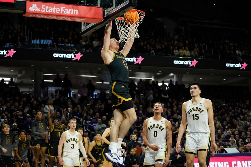Dec 1, 2023; Evanston, Illinois, USA; Northwestern Wildcats guard Brooks Barnhizer (13) dunks the ball against the Purdue Boilermakers during the second half at Welsh-Ryan Arena. Mandatory Credit: David Banks-USA TODAY Sports