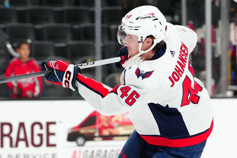 Dec 2, 2023; Las Vegas, Nevada, USA; Washington Capitals defenseman Lucas Johansen (46) warms up before a game against the Vegas Golden Knights at T-Mobile Arena. Mandatory Credit: Stephen R. Sylvanie-USA TODAY Sports