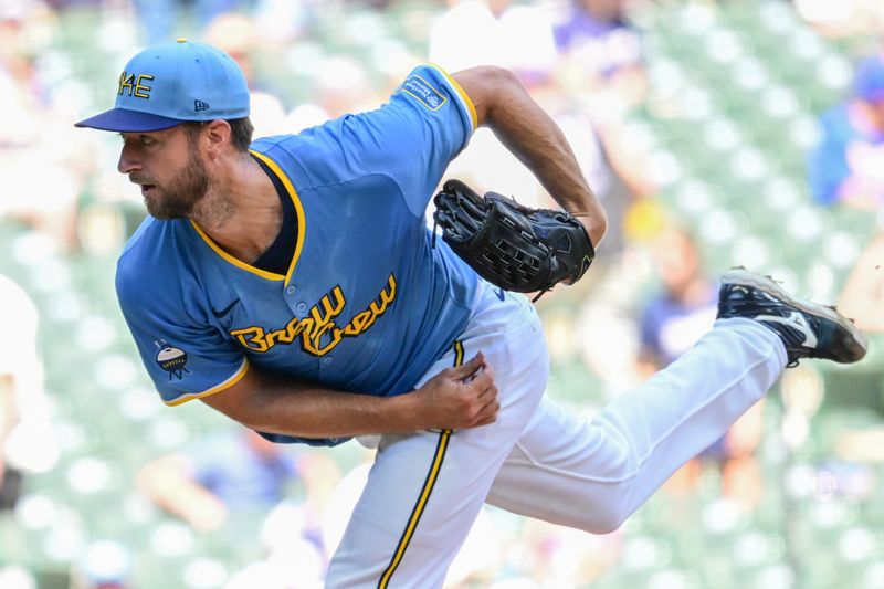 Jul 14, 2024; Milwaukee, Wisconsin, USA; Milwaukee Brewers relief pitcher Colin Rea (48) pitches in the fifth inning against the Washington Nationals at American Family Field. Mandatory Credit: Benny Sieu-USA TODAY Sports