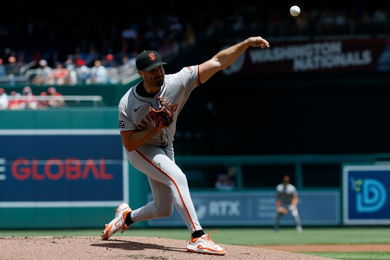 May 25, 2025; Washington, District of Columbia, USA; San Francisco Giants starting pitcher Robbie Ray (38) pitches against the Washington Nationals during the first inning at Nationals Park. Mandatory Credit: Geoff Burke-Imagn Images