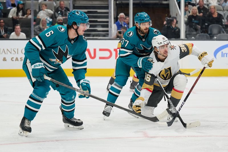Sep 26, 2025; San Jose, California, USA; San Jose Sharks defensemen Timothy Liljegren (37) and Sam Dickinson (6) vie for position against Vegas Golden Knights center Raphael Lavoie (36) during the first period at SAP Center at San Jose. Mandatory Credit: Robert Edwards-Imagn Images