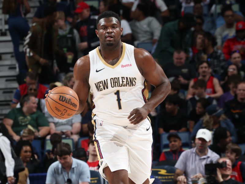 NEW ORLEANS, LA - MARCH 28: Zion Williamson #1 of the New Orleans Pelicans handles the ball during the game  on March 28, 2024 at the Smoothie King Center in New Orleans, Louisiana. NOTE TO USER: User expressly acknowledges and agrees that, by downloading and or using this Photograph, user is consenting to the terms and conditions of the Getty Images License Agreement. Mandatory Copyright Notice: Copyright 2024 NBAE (Photo by Layne Murdoch Jr./NBAE via Getty Images)