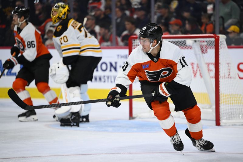 Nov 2, 2024; Philadelphia, Pennsylvania, USA; Philadelphia Flyers right wing Bobby Brink (10) in action against the Boston Bruins in the second period at Wells Fargo Center. Mandatory Credit: Kyle Ross-Imagn Images