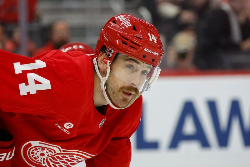 Nov 29, 2024; Detroit, Michigan, USA; Detroit Red Wings center Tyler Motte (14) looks on during a faceoff in the first period of the game against the New Jersey Devils at Little Caesars Arena. Mandatory Credit: Brian Bradshaw Sevald-Imagn Images