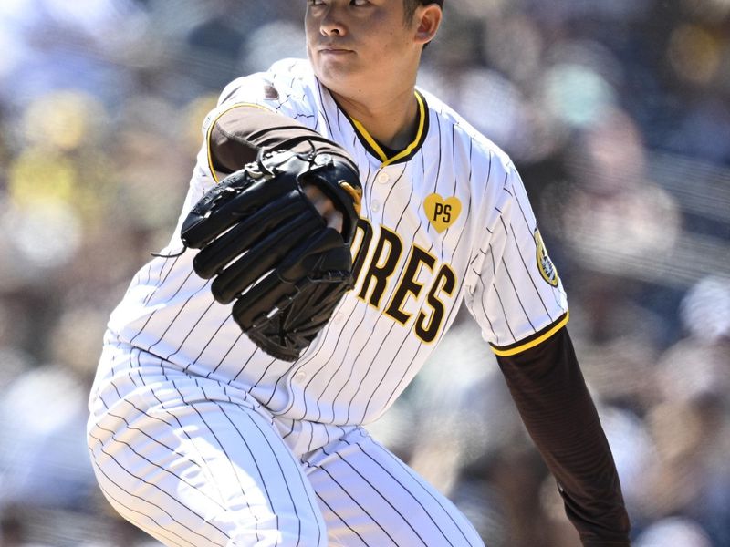 Jun 26, 2024; San Diego, California, USA; San Diego Padres relief pitcher Yuki Matsui (1) pitches against the Washington Nationals during the eighth inning at Petco Park. Mandatory Credit: Orlando Ramirez-USA TODAY Sports