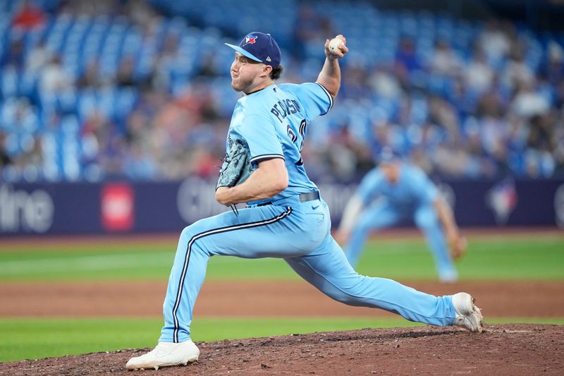 May 30, 2023; Toronto, Ontario, CAN; Toronto Blue Jays pitcher Nate Pearson (24) pitches to the Milwaukee Brewers during the sixth inning at Rogers Centre. Mandatory Credit: John E. Sokolowski-USA TODAY Sports