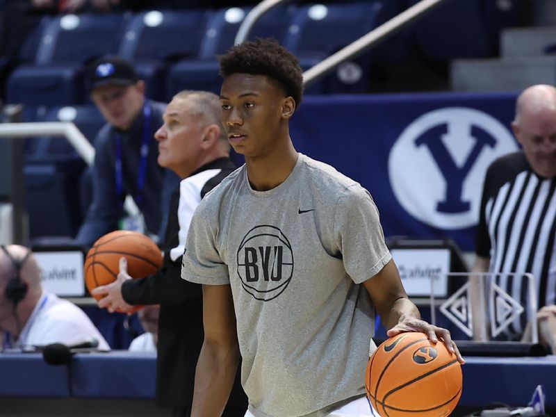 Feb 13, 2024; Provo, Utah, USA; Brigham Young Cougars guard Jaxson Robinson (2) warms up before the game Central Florida Knights at Marriott Center. Mandatory Credit: Rob Gray-USA TODAY Sports