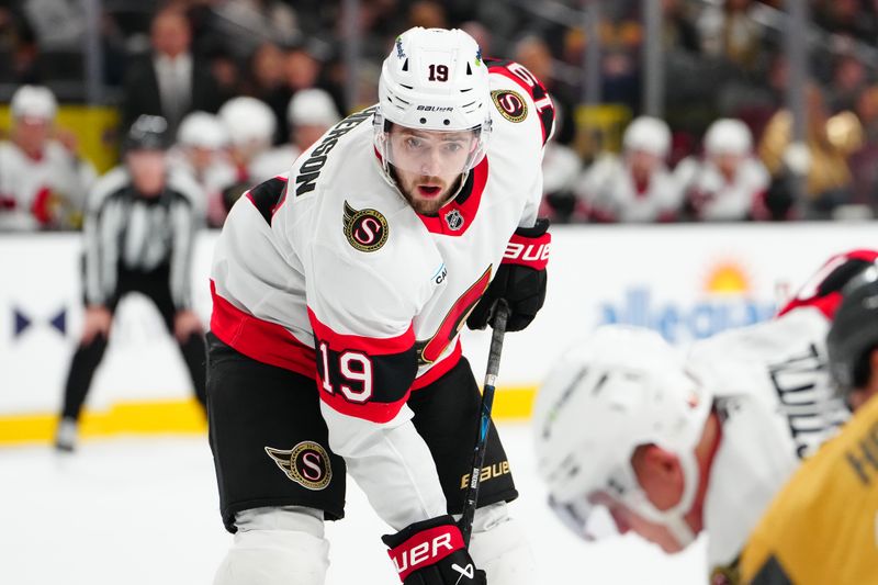 Nov 26, 2025; Las Vegas, Nevada, USA; Ottawa Senators right wing Drake Batherson (19) skates against the Vegas Golden Knights during the second period at T-Mobile Arena. Mandatory Credit: Stephen R. Sylvanie-Imagn Images