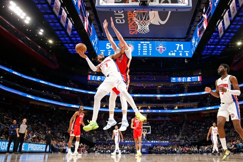 DETROIT, MI - MARCH 24: Troy Brown Jr. #7 of the Detroit Pistons drives to the basket during the game against the New Orleans Pelicans on March 24, 2024 at Little Caesars Arena in Detroit, Michigan. NOTE TO USER: User expressly acknowledges and agrees that, by downloading and/or using this photograph, User is consenting to the terms and conditions of the Getty Images License Agreement. Mandatory Copyright Notice: Copyright 2024 NBAE (Photo by Brian Sevald/NBAE via Getty Images)