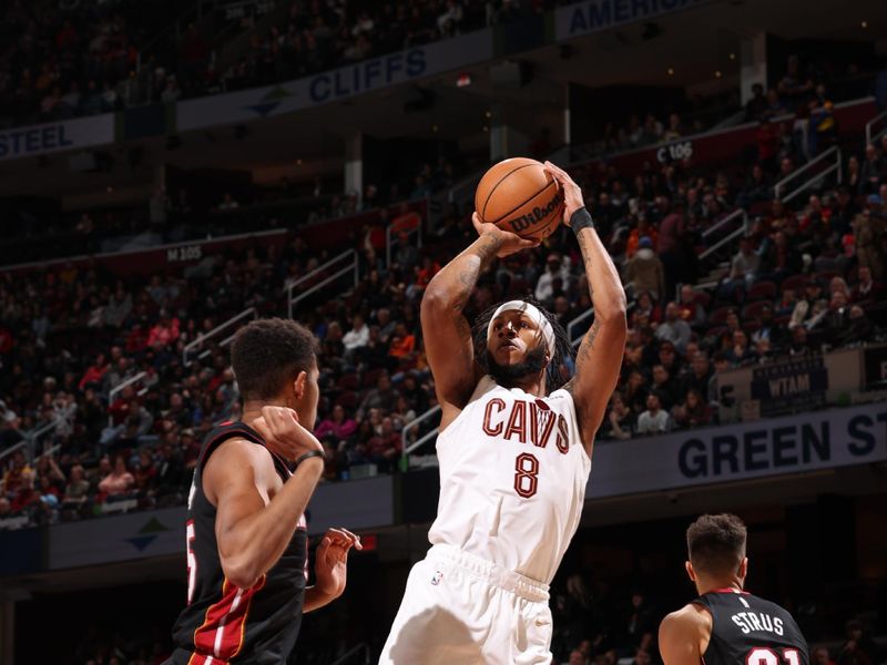 CLEVELAND, OH - NOVEMBER 20: Lamar Stevens #8 of the Cleveland Cavaliers shoots the ball during the game against the Miami Heat on November 20, 2022 at Rocket Mortgage Fieldhouse in Cleveland, Ohio. NOTE TO USER: User expressly acknowledges and agrees that, by downloading and or using this photograph, User is consenting to the terms and conditions of the Getty Images License Agreement. Mandatory Copyright Notice: Copyright 2022 NBAE (Photo by Joe Murphy/NBAE via Getty Images)