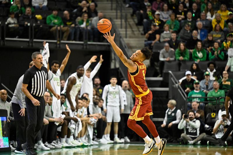 Dec 2, 2025; Eugene, Oregon, USA; Southern California Trojans forward Terrance Williams II (5) chases a loose ball during the first half against the Oregon Ducks at Matthew Knight Arena. Mandatory Credit: Craig Strobeck-Imagn Images